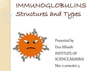 IMMUNOGLOBULINS
Structures and Types
Presented by
Ena Athaide
INSTITUTE OF
SCIENCE,MUMBAI
Msc-2 semester 3
 