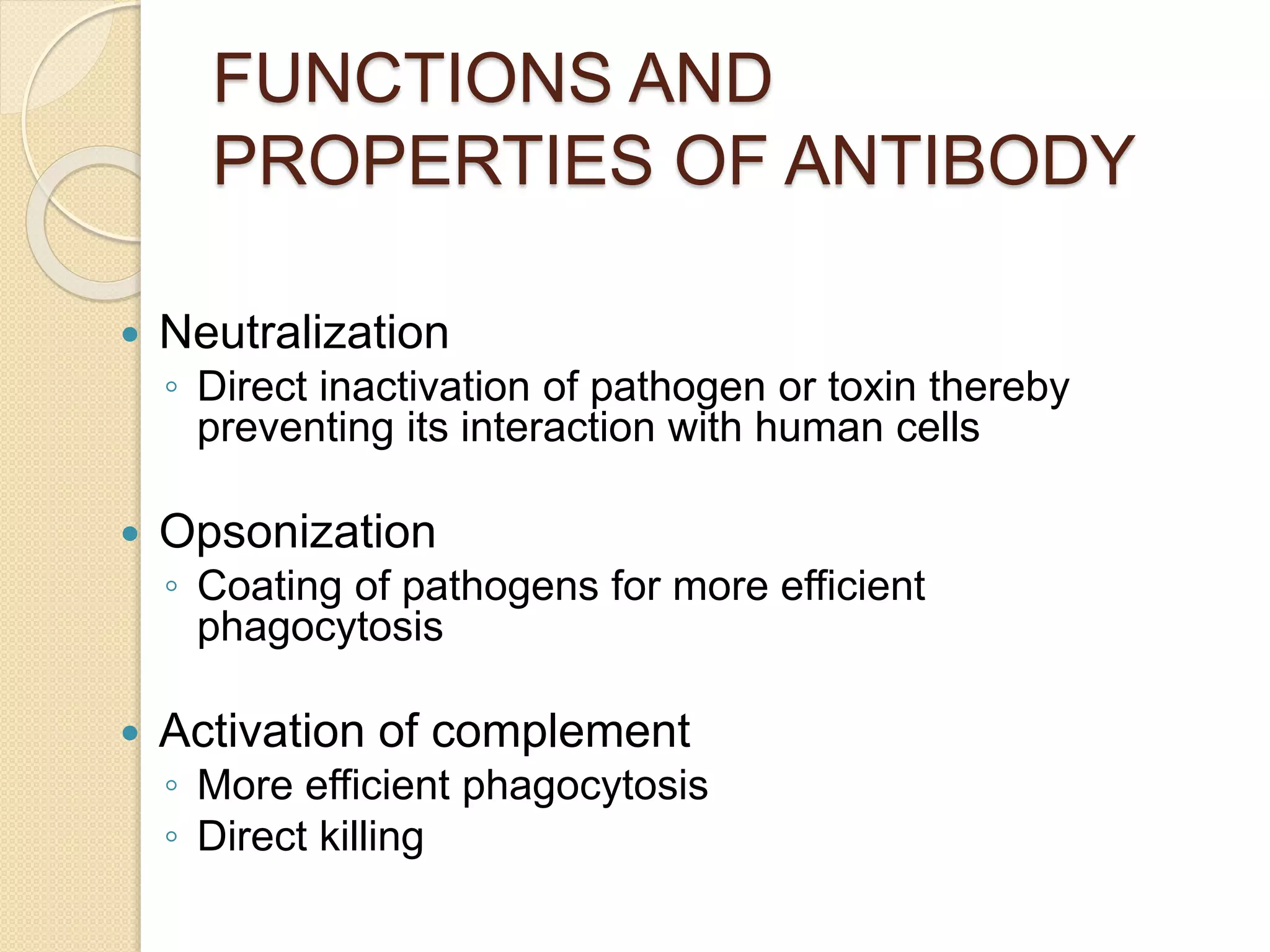 FUNCTIONS AND
PROPERTIES OF ANTIBODY
 Neutralization
◦ Direct inactivation of pathogen or toxin thereby
preventing its interaction with human cells
 Opsonization
◦ Coating of pathogens for more efficient
phagocytosis
 Activation of complement
◦ More efficient phagocytosis
◦ Direct killing
 