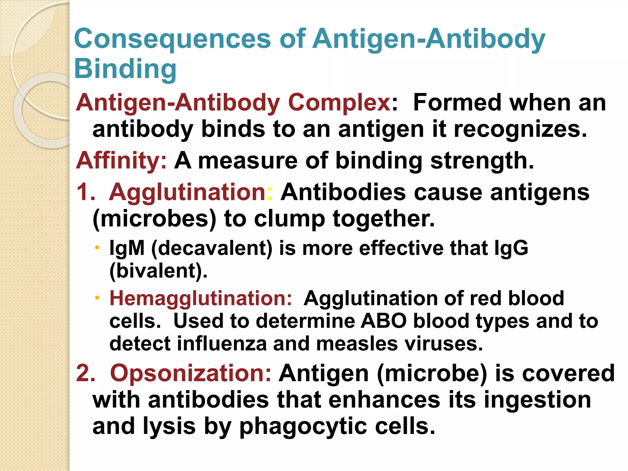 Consequences of Antigen-Antibody
Binding
Antigen-Antibody Complex: Formed when an
antibody binds to an antigen it recognizes.
Affinity: A measure of binding strength.
1. Agglutination: Antibodies cause antigens
(microbes) to clump together.
 IgM (decavalent) is more effective that IgG
(bivalent).
 Hemagglutination: Agglutination of red blood
cells. Used to determine ABO blood types and to
detect influenza and measles viruses.
2. Opsonization: Antigen (microbe) is covered
with antibodies that enhances its ingestion
and lysis by phagocytic cells.
 