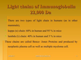 Light chains of ImmunoglobulinLight chains of Immunoglobulin
22,000 Da22,000 Da
 There are two types of light chain in humans (as in other
mammals),
 kappa (κ) chain: 60% in human and 95 % in mice
 lambda (λ) chain: 40% in human and 5 % in mice
These chains are called Bence- Jones Proteins and produced by
neoplastic plasma cell as well as multiple myeloma cell.
06/08/1706/08/17 IMMUNOGLOBULINIMMUNOGLOBULIN 1111
 