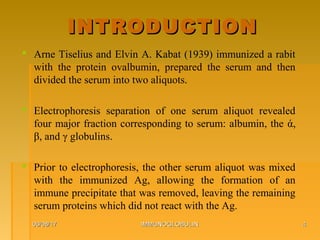 INTRODUCTIONINTRODUCTION
 Arne Tiselius and Elvin A. Kabat (1939) immunized a rabit
with the protein ovalbumin, prepared the serum and then
divided the serum into two aliquots.
 Electrophoresis separation of one serum aliquot revealed
four major fraction corresponding to serum: albumin, the ά,
β, and γ globulins.
 Prior to electrophoresis, the other serum aliquot was mixed
with the immunized Ag, allowing the formation of an
immune precipitate that was removed, leaving the remaining
serum proteins which did not react with the Ag.
06/08/1706/08/17 IMMUNOGLOBULINIMMUNOGLOBULIN 44
 