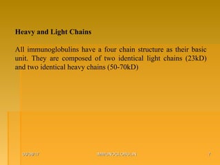 06/08/1706/08/17 IMMUNOGLOBULINIMMUNOGLOBULIN 77
Heavy and Light Chains
All immunoglobulins have a four chain structure as their basic
unit. They are composed of two identical light chains (23kD)
and two identical heavy chains (50-70kD)
 