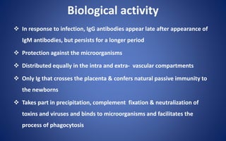 Biological activity
 In response to infection, IgG antibodies appear late after appearance of
IgM antibodies, but persists for a longer period
 Protection against the microorganisms
 Distributed equally in the intra and extra- vascular compartments
 Only Ig that crosses the placenta & confers natural passive immunity to
the newborns
 Takes part in precipitation, complement fixation & neutralization of
toxins and viruses and binds to microorganisms and facilitates the
process of phagocytosis
 