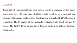 C. F(ab')2
Treatment of immunoglobulins with pepsin results in cleavage of the heavy
chain after the H-H inter-chain disulfide bonds resulting in a fragment that
contains both antigen binding sites. This fragment was called F(ab')2 because it
is divalent. The Fc region of the molecule is digested into small peptides by
pepsin. The F(ab')2 binds antigen but it does not mediate the effector functions
of antibodies.
 