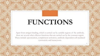 FUNCTIONS
Apart from antigen-binding, which is carried out by variable regions of the antibody,
there are several other effector functions that are carried out by the constant region.
These include opsonization, complement activation, antibody-dependent cell-mediated
cytotoxicity and transcytosis.
12
 