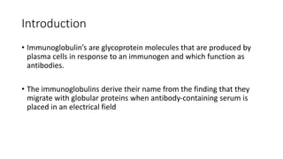 Introduction
• Immunoglobulin’s are glycoprotein molecules that are produced by
plasma cells in response to an immunogen and which function as
antibodies.
• The immunoglobulins derive their name from the finding that they
migrate with globular proteins when antibody-containing serum is
placed in an electrical field
 