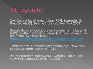 CAI, Color Atlas of Immunology[PDF]. Burmester G,
Pezzutto A[MD]. Thieme Stuttgart, New York;2003

Google Browser[ database on the Internet]. Mayer. G
[MD]: Southern Carolina University School of Medicine
(US); 2010. Available from:
http://pathmicro.med.sc.edu/mayer/ab-agrx.html

Hildamann W.H. Essentials of Immunology. New York,
Elsevier Science Publishers; 1984

MI, Medical Immunology[PDF]. Virella G, ed. 5th Ed.
New York, Marcel Dekker, Inc. 2001
 