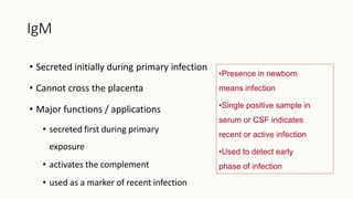 IgM
• Secreted initially during primary infection
• Cannot cross the placenta
• Major functions / applications
• secreted first during primary
exposure
• activates the complement
• used as a marker of recent infection
•Presence in newborn
means infection
•Single positive sample in
serum or CSF indicates
recent or active infection
•Used to detect early
phase of infection
 