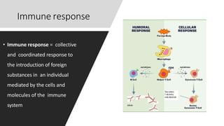 Immune response
• Immune response = collective
and coordinated response to
the introduction of foreign
substances in an individual
mediated by the cells and
molecules of the immune
system
 
