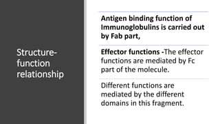 Structure-
function
relationship
Antigen binding function of
Immunoglobulins is carried out
by Fab part,
Effector functions -The effector
functions are mediated by Fc
part of the molecule.
Different functions are
mediated by the different
domains in this fragment.
 