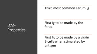 IgM-
Properties
Third most common serum Ig.
First Ig to be made by the
fetus
First Ig to be made by a virgin
B cells when stimulated by
antigen
 