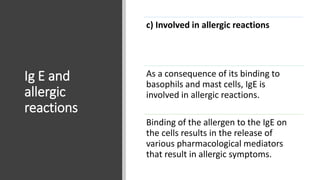 Ig E and
allergic
reactions
c) Involved in allergic reactions
As a consequence of its binding to
basophils and mast cells, IgE is
involved in allergic reactions.
Binding of the allergen to the IgE on
the cells results in the release of
various pharmacological mediators
that result in allergic symptoms.
 