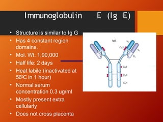 Immunoglobulin E (Ig E)
Structure is similar to Ig G
•
• Has 4 constant region
domains.
Mol. Wt. 1,90,000
Half life: 2 days
•
•
• Heat labile (inactivated at
560C in 1 hour)
• Normal serum
concentration 0.3 ug/ml
• Mostly present extra
cellularly
• Does not cross placenta
 