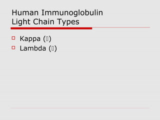 Human Immunoglobulin
Light Chain Types

   Kappa ()
   Lambda ()
 