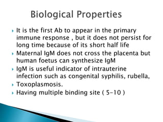  It is the first Ab to appear in the primary
immune response , but it does not persist for
long time because of its short half life
 Maternal IgM does not cross the placenta but
human foetus can synthesize IgM
 IgM is useful indicator of intrauterine
infection such as congenital syphilis, rubella,
 Toxoplasmosis.
 Having multiple binding site ( 5-10 )
 