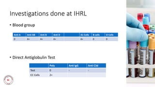 Investigations done at IHRL
• Blood group
• Direct Antiglobulin Test
Anti A Anti AB Anti B Anti D A1 Cells B cells O Cells
0 4+ 4+ 4+ 4+ 0 0
Poly Anti IgG Anti C3d
Test 0 - -
CC Cells 2+
 