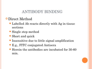 ANTIBODY BINDING
 Direct Method
Labelled Ab reacts directly with Ag in tissue
sections
Single step method
Short and quick
Insensitive due to little signal amplification
E.g., FITC conjugated Antisera
Herein the antibodies are incubated for 30-60
min.
 