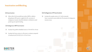 25
(A) Inactivation
 When either the horseradish peroxidase (HRP) oralkaline-
phosphatase (AP) system is applied for IHC,activation of
endogenous enzymes should be blocked orinhibited toavoid
producing non-specific binding.
(I) Endogenous HRP Inactivation
 Incubate the paraffin embedded section in 3% H2O2 for10 min
 Incubate the frozen section orcell section in solution composed
ofmethanol and3% H2O2 (v/v: 4:1) for30 min
Inactivation and Blocking
(ii) EndogenousAPInactivation
 Incubate the sample section in 0.1 mM Levamisole
Note: Levamisole cannot inhibit the AP activation ofendogenous
intestine tissue
 
