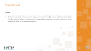 32
(B) PIER
 Epitope can be exposed by incubation with proteases which can break the methylene bridges. The choice for digestion enzymes depends on
the antigenic components. Pepsin and bromelin areused for retrieving antigens in intercellular substance. Other enzymes can be used for
intracellular antigen exposure. PIERis suitable forretrieving moredifficult epitopes whilethe pHfor incubation is usually known. However,
PIERis aharsher method andcan damage tissue morphology.
Antigen Retrieval
 