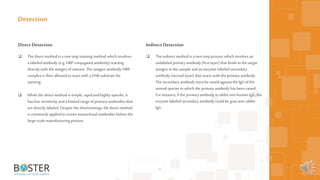42
Direct Detection
 The direct method is a one-step staining method which involves
a labeled antibody (e.g. HRP-conjugated antibody) reacting
directly with the antigen of interest. The antigen-antibody-HRP
complex is then allowedto reactwith aDAB substrate for
staining.
 While the direct method is simple, rapidandhighly-specific, it
has low sensitivity andalimited range of primaryantibodies that
aredirectly labeled. Despite the shortcomings, the direct method
is commonly applied toscreen monoclonal antibodies before the
large-scale manufacturing process.
Detection
Indirect Detection
 The indirect method is a two-step process which involves an
unlabeled primaryantibody (first layer) that binds tothe target
antigen in the sample andan enzyme-labeled secondary
antibody (second layer) that reacts with the primaryantibody.
The secondary antibody must be raised against the IgG ofthe
animal species in which the primaryantibody has been raised.
For instance, if the primaryantibody is rabbit anti-human IgG, the
enzyme labeled secondary antibody could be goat anti-rabbit
IgG.
 