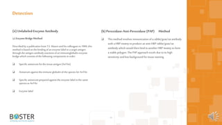 44
(ii) Unlabeled-EnzymeAntibody
(a) EnzymeBridgeMethod
Describedby apublicationfrom T.E. Masonand hiscolleaguesin1969, this
method isbasedonthe binding ofanenzyme labeltoatargetantigen
throughthe antigen-antibodyreactionsofan immunoglobulin-enzyme
bridgewhichconsistsofthe followingcomponentsinorder:
 Specificantiserumforthe tissueantigen(AnTAn)
 Antiserumagainstthe immune globulinofthe speciesfor AnTAn
 Specificantiserumpreparedagainstthe enzyme labelinthe same
speciesasAnTAn
 Enzyme label
Detection
(b)Peroxidase-Anti-Peroxidase (PAP) Method
 This method involves immunization ofarabbit/goat/rat antibody
with a HRP moiety toproduce an anti-HRP rabbit/goat/rat
antibody which would then bindtoanother HRP moiety to form
a stable polygon. The PAP approach excels due toits high
sensitivity andlow background fortissue staining.
 