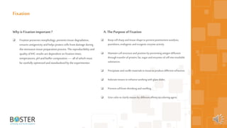 7
Whyis Fixation important?
 Fixation preserves morphology, prevents tissue degradation,
ensures antigenicity andhelps protect cells fromdamage during
the strenuous tissue preparation process. The reproducibility and
quality ofIHC results aredependent on fixation times,
temperatures, pH andbuffer composition — allofwhich must
be carefully optimized andstandardized by the experimenter.
Fixation
A.The Purposeof Fixation
 Keepcellsharpandtissueshapetopreventpostmortemautolysis,
putridness,endogenicand exogenicenzyme activity.
 Maintain cellstructureand positionbypreventingantigendiffusion
throughtransferofprotein,fat, sugarandenzymes ofcellintoinsoluble
substances.
 Precipitateand curdlematerialsintissuetoproducedifferentrefraction.
 Induratetissuestoenhanceworking withglassslides.
 Preventcellfrom shrinkingandswelling.
 Give colortoclarifytissuesby differentaffinitytocoloringagent.
 