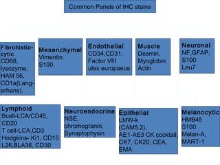 Common Panels of IHC stains
Epithelial
LMW-k
(CAM5.2),
AE1-AE3 CK cocktail,
CK7, CK20, CEA,
EMA
Mesenchymal
Vimentin
S100
Endothelial
CD34,CD31,
Factor VIII
ulex europaeus
Muscle
Desmin,
Myoglobin
Actin
Melanocytic
HMB45
S100
Melan-A,
MART-1
Neuroendocrine
NSE,
chromogranin,
Synaptophysin
Fibrohistio-
cytic
CD68,
lysozyme,
HAM 56,
CD1a(Lang-
erhans).
Lymphoid
Bcell-LCA/CD45,
CD20
T cell-LCA,CD3
Hodgkins- Ki1, CD15
L26,BLA36, CD30
Neuronal
NF,GFAP,
S100
Leu7
 