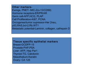Other markers-
Ewings, PNET- MIC-2(o-13/CD99)
Hormone receptors-ER/PR/AR
Germ cell-AFP,HCG, PLAP
Cell Proliferation-Ki67, PCNA
Oncogenes/tumor supressor-Her 2neu,
p53,RAS,bcl-2,Rb.WT1
Metastatic potential-Laminin, collagen, cathepsin D
Tissue specific epithelial markers
Breast-GCDFP-15
Prostate-PAP,PSA
Liver- AFP, Hep Par1
Thyroid-TG, Calcitonin
Mesothelium-Keratin
Ovary- CA 125
 