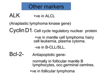 ALK +ve in ALCL
(Anaplastic lymphoma kinase gene)
CyclinD1- Cell cycle regulatory nuclear protein
+ve in mantle cell lymphoma, hairy
cell leukemia, plasma cytoma.
-ve in B-CLL/SLL.
Bcl-2- Antiapoptotic gene-
normally in follicular mantle B
lymphocytes, occ.germinal cemtres.
+ve in follicular lymphoma
Other markers
 