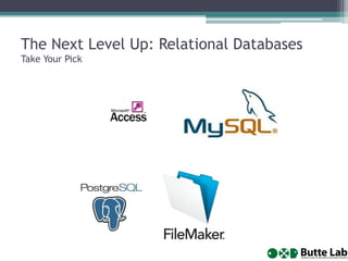 The Next Level Up: Relational Databases
Take Your Pick

 