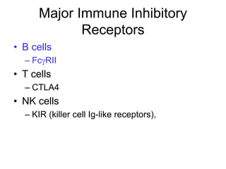 Major Immune Inhibitory
Receptors
• B cells
– FcgRII
• T cells
– CTLA4
• NK cells
– KIR (killer cell Ig-like receptors),
 