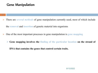Gene Manipulation
8/13/2022
62
 There are several methods of gene manipulation currently used, most of which include
the removal and insertion of genetic material into organisms
 One of the most important processes in gene manipulation is gene mapping
 Gene mapping involves the finding of the particular location on the strand of
DNA that contains the genes that control certain traits.
 