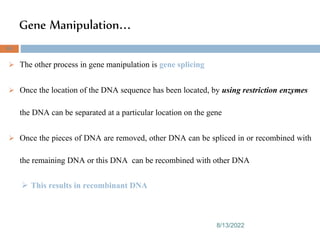 Gene Manipulation...
8/13/2022
64
 The other process in gene manipulation is gene splicing
 Once the location of the DNA sequence has been located, by using restriction enzymes
the DNA can be separated at a particular location on the gene
 Once the pieces of DNA are removed, other DNA can be spliced in or recombined with
the remaining DNA or this DNA can be recombined with other DNA
 This results in recombinant DNA
 