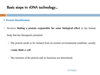 Basic steps in rDNA technology…
8/13/2022
66
1. Protein Identification
 Involves finding a protein responsible for some biological effect in the human
body that has therapeutic potential
 The protein needs to be isolated from its normal environmental condition, usually
a body fluid or cell
 The structure of the protein and its functions are determined.
 