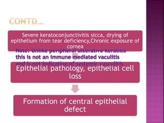 Severe keratoconjunctivitis sicca, drying of
epithelium from tear deficiency,Chronic exposure of
cornea
Epithelial pathology, epithelial cell
loss
Formation of central epithelial
defect
 