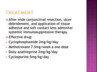  After wide conjunctival resection, ulcer
debridement, and application of tissue
adhesive and soft contact lens adminiter
systemic immunosuppressive therapy.
 Effective drug:
 Cyclophosphamide 2mg/kg/day
 Methotrexate 7.5mg/week a one dose
 Daily azathioprine 2mg/kg/day
 Cyclosporine 5mg/kg/day
 