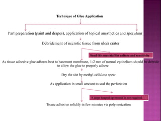 Technique of Glue Application
Part preparation (paint and drapes), application of topical anesthetics and speculum
Debridement of necrotic tissue from ulcer crater
As tissue adhesive glue adheres best to basement membrane, 1-2 mm of normal epithelium should be debride
to allow the glue to properly adhere
Dry the site by methyl cellulose spear
As application in small amount to seal the perforation
Tissue adhesive solidify in few minutes via polymerization
Send this material for culture and sensitivity
A large heaped up mound is not required
 