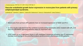 • Monocytes from primary APS patients have an increased expression of VEGF and Flt-1
• In vitro results indicated that this cytokine is produced by monocytes when treated with aPL, and
that the p38 MAPK signaling pathway plays an important role
• VEGF might act as a regulatory factor in aPL-mediated monocyte activation and TF expression,
thereby contributing to the proinflammatory-prothrombotic phenotype of APS patients
 