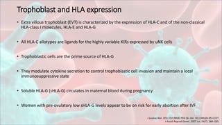 Trophoblast and HLA expression
• Extra villous trophoblast (EVT) is characterized by the expression of HLA-C and of the non-classical
HLA-class I molecules, HLA-E and HLA-G
• All HLA-C allotypes are ligands for the highly variable KIRs expressed by uNK cells
• Trophoblastic cells are the prime source of HLA-G
• They modulate cytokine secretion to control trophoblastic cell invasion and maintain a local
immunosuppressive state
• Soluble HLA-G (sHLA-G) circulates in maternal blood during pregnancy
• Women with pre-ovulatory low sHLA-G levels appear to be on risk for early abortion after IVF
J Leukoc Biol. 2011 Oct;90(4):703-16. doi: 10.1189/jlb.0511227.
J Assist Reprod Genet. 2007 Jul; 24(7): 288–295.
 