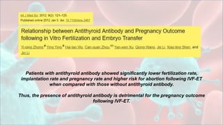 Patients with antithyroid antibody showed significantly lower fertilization rate,
implantation rate and pregnancy rate and higher risk for abortion following IVF-ET
when compared with those without antithyroid antibody.
Thus, the presence of antithyroid antibody is detrimental for the pregnancy outcome
following IVF-ET.
 