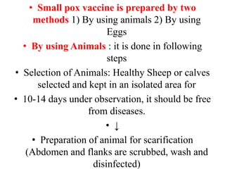 • Small pox vaccine is prepared by two
methods 1) By using animals 2) By using
Eggs
• By using Animals : it is done in following
steps
• Selection of Animals: Healthy Sheep or calves
selected and kept in an isolated area for
• 10-14 days under observation, it should be free
from diseases.
• ↓
• Preparation of animal for scarification
(Abdomen and flanks are scrubbed, wash and
disinfected)
 