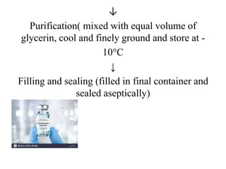 ↓
Purification( mixed with equal volume of
glycerin, cool and finely ground and store at -
10°C
↓
Filling and sealing (filled in final container and
sealed aseptically)
 