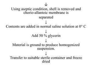 ↓
Using aseptic condition, shell is removed and
chorio-allantoic membrane is
separated
↓
Contents are added in normal saline solution at 0° C
↓
Add 50 % glycerin
↓
Material is ground to produce homogenized
suspension.
↓
Transfer to suitable sterile container and freeze
dried
 