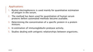 Applications:
1. Rocket electrophoresis is used mainly for quantitative estimation
of antigen in the serum.
2. The method has been used for quantitation of human serum
proteins before automated methods became available.
3. Determining the concentration of a specific protein in a protein
mixture.
4. In estimation of immunoglobulin protease activity.
5. Studies dealing with antigenic relationships between organisms.
3/22/2021 10
 