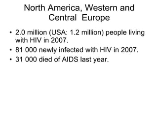 North America, Western and Central  Europe 2.0 million (USA: 1.2 million) people living with HIV in 2007.  81 000 newly infected with HIV in 2007. 31 000 died of AIDS last year. 