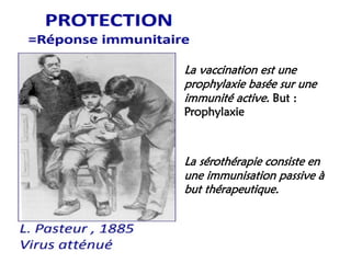 La vaccination est une
prophylaxie basée sur une
immunité active. But :
Prophylaxie
La sérothérapie consiste en
une immunisation passive à
but thérapeutique.
 