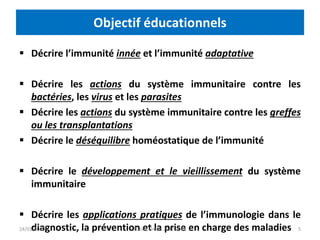 Objectif éducationnels
 Décrire l’immunité innée et l’immunité adaptative
 Décrire les actions du système immunitaire contre les
bactéries, les virus et les parasites
 Décrire les actions du système immunitaire contre les greffes
ou les transplantations
 Décrire le déséquilibre homéostatique de l’immunité
 Décrire le développement et le vieillissement du système
immunitaire
 Décrire les applications pratiques de l’immunologie dans le
diagnostic, la prévention et la prise en charge des maladies 5
24/01/2020 Batina Unikis 2017 2018
 