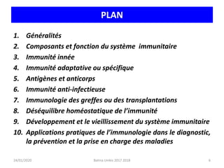PLAN
6
24/01/2020
1. Généralités
2. Composants et fonction du système immunitaire
3. Immunité innée
4. Immunité adaptative ou spécifique
5. Antigènes et anticorps
6. Immunité anti-infectieuse
7. Immunologie des greffes ou des transplantations
8. Déséquilibre homéostatique de l’immunité
9. Développement et le vieillissement du système immunitaire
10. Applications pratiques de l’immunologie dans le diagnostic,
la prévention et la prise en charge des maladies
Batina Unikis 2017 2018
 