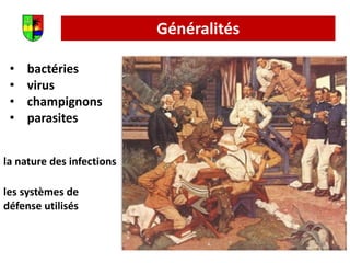 Généralités
• bactéries
• virus
• champignons
• parasites
la nature des infections
les systèmes de
défense utilisés
 
