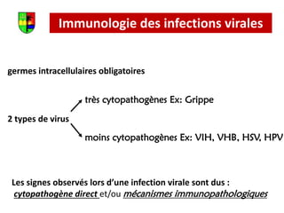 Immunologie des infections virales
germes intracellulaires obligatoires
2 types de virus
très cytopathogènes Ex: Grippe
moins cytopathogènes Ex: VIH, VHB, HSV, HPV
Les signes observés lors d’une infection virale sont dus :
cytopathogène direct et/ou mécanismes immunopathologiques
 
